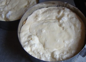 The forms filled with the cheese mixtured and ready to be baked.